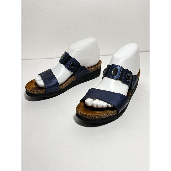 Naot EUC Blue Leather 2 Strap Jewel Accent Slip On Sandal Shoe 38 EU 7 US - Picture 4 of 6